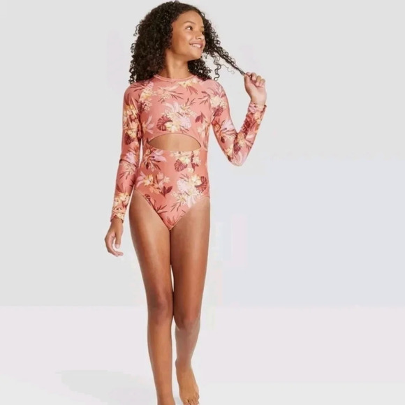 NWT Art Class Girl's Island Floral 1 PC Rashguard Swimsuit M 8 - Picture 3 of 8